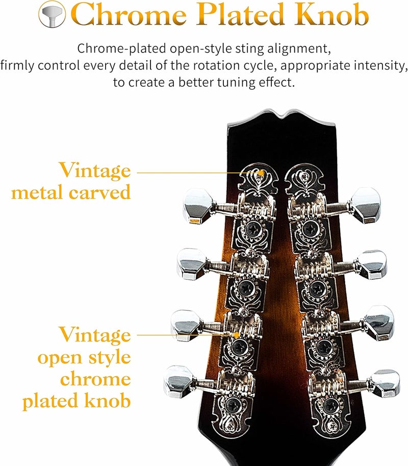 Mulucky A Style Mandolins Instrument, 8 String Acoustic Mandolin with Beginner Kit, Case, Tuner, String, Picks - Sunburst - Image 3